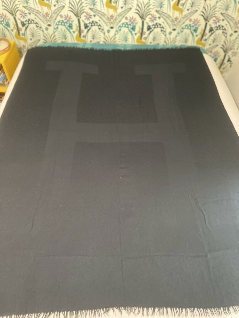 Hermes Cashmere Silk & Wool Large Blanket Shawl Throw Black Fringe 54x70 Large H - Picture 6 of 13